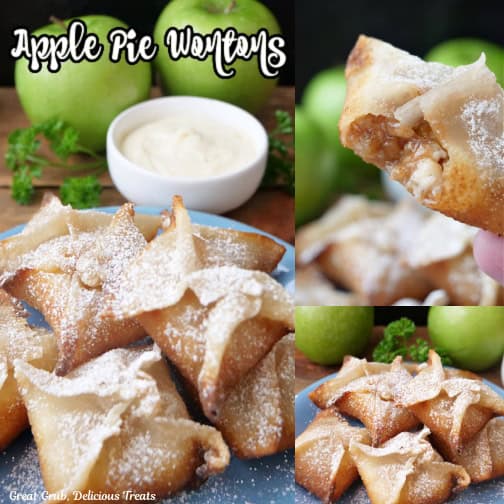 A three photo collage of apple pie wontons.