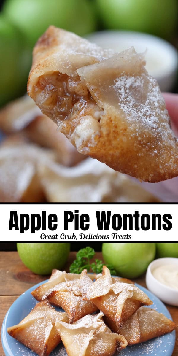 A double photo collage of deep fried apple pie wontons.