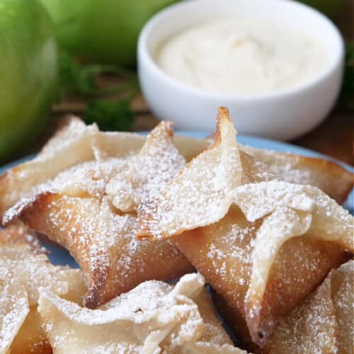 A light blue plate with a half a dozen fried wontons with powdered sugar on them.