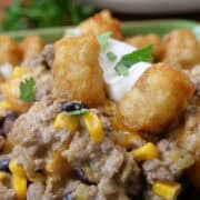 A close up of a serving of tater tot casserole.