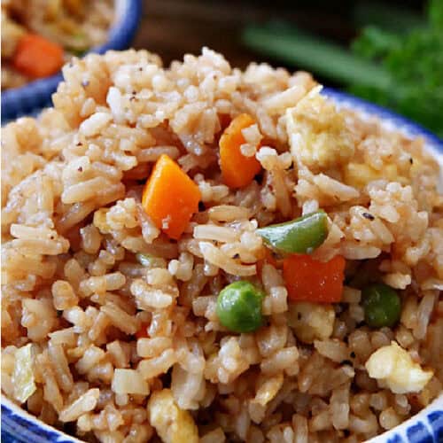 A white bowl filled with a serving of fried rice.