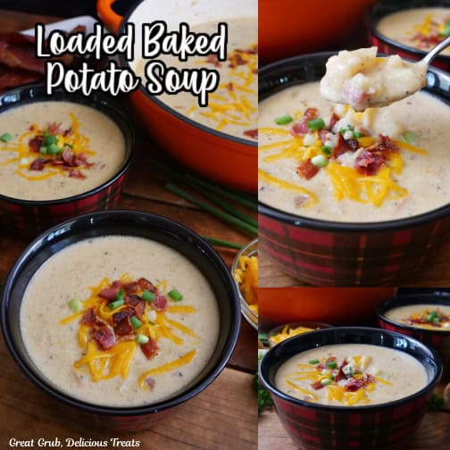 A three collage photo of loaded baked potato soup in red and black plaid bowls.