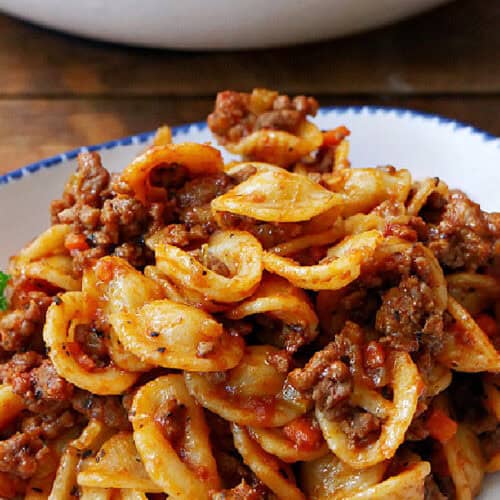 A white bowl with blue trim filled with a serving of pasta bolognese.