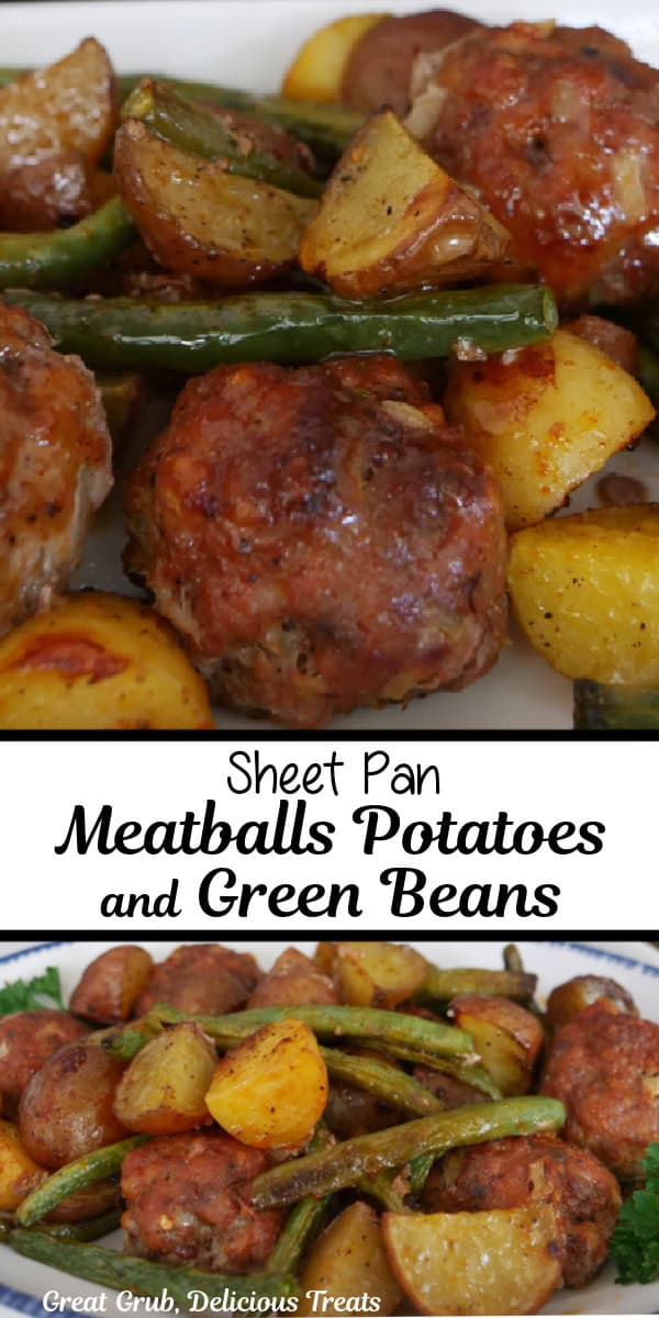 A double collage photo of meatballs and potatoes with green beans on a white plate with blue trim.