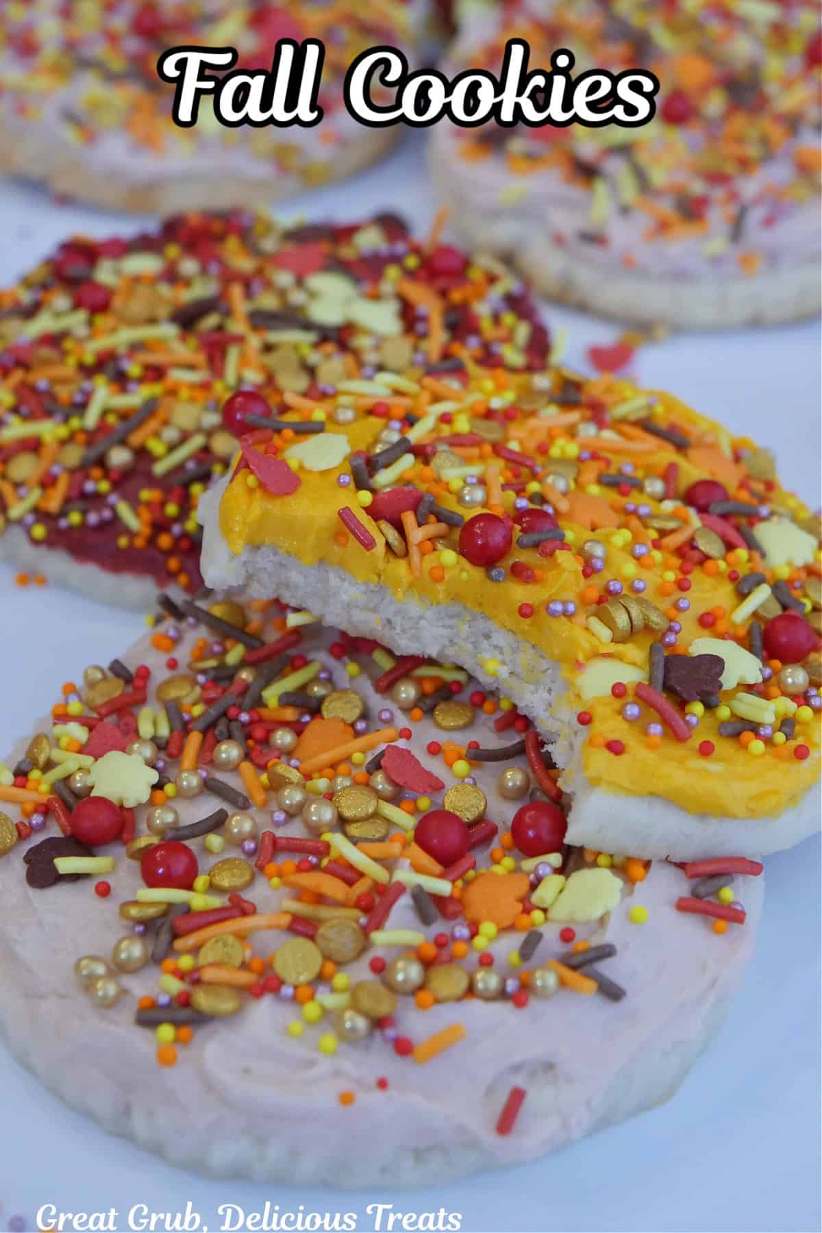 A white surface with big frosted fall cookies on it with a bite out of one of them.