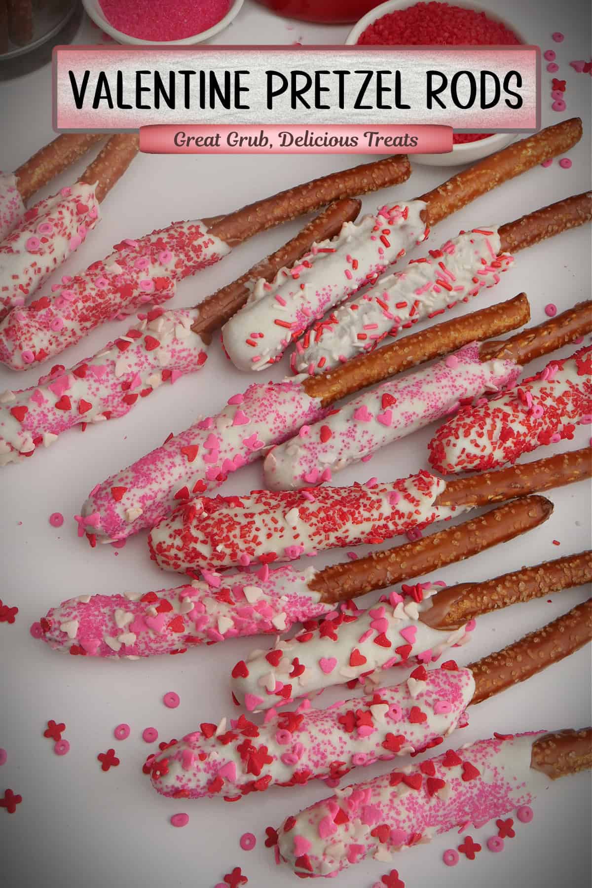 A white surface with Valentine pretzel rods on it and a title overlay at the top.