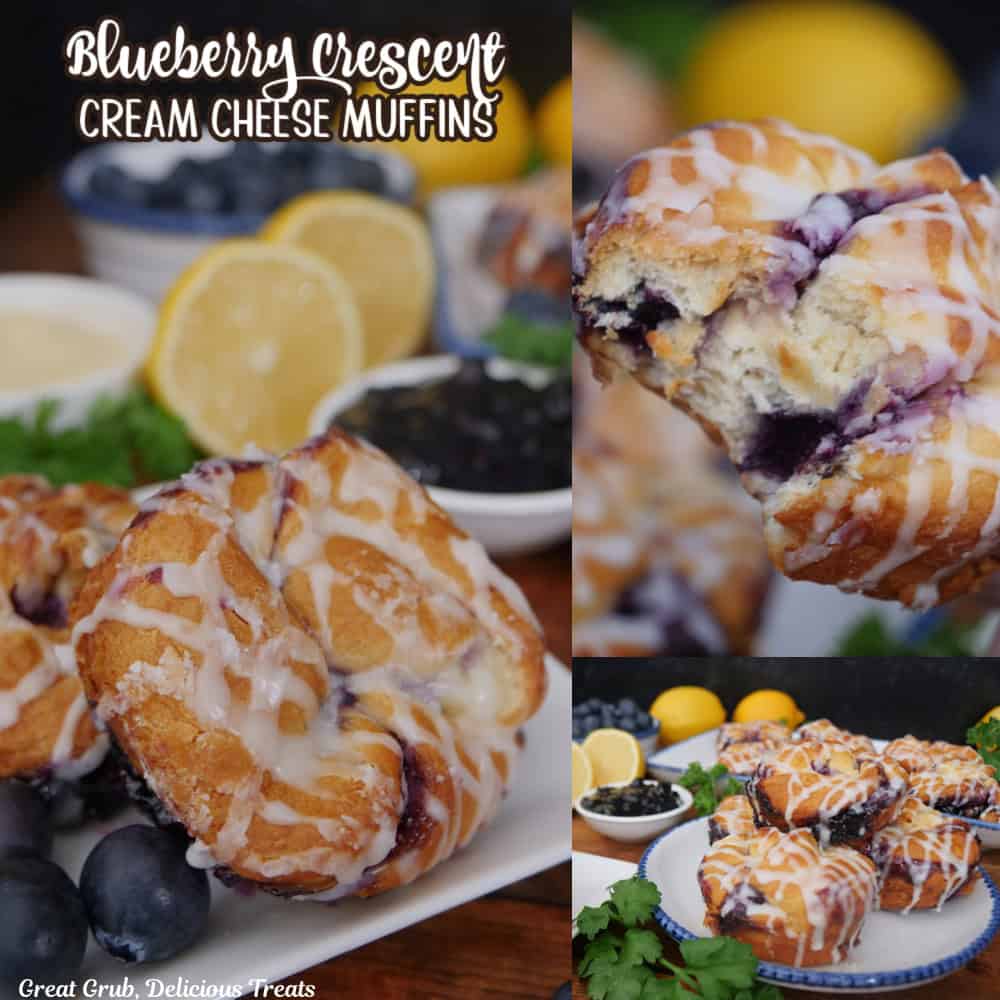 A three panel collage of blueberry cream cheese muffins with a title overlay at the top.