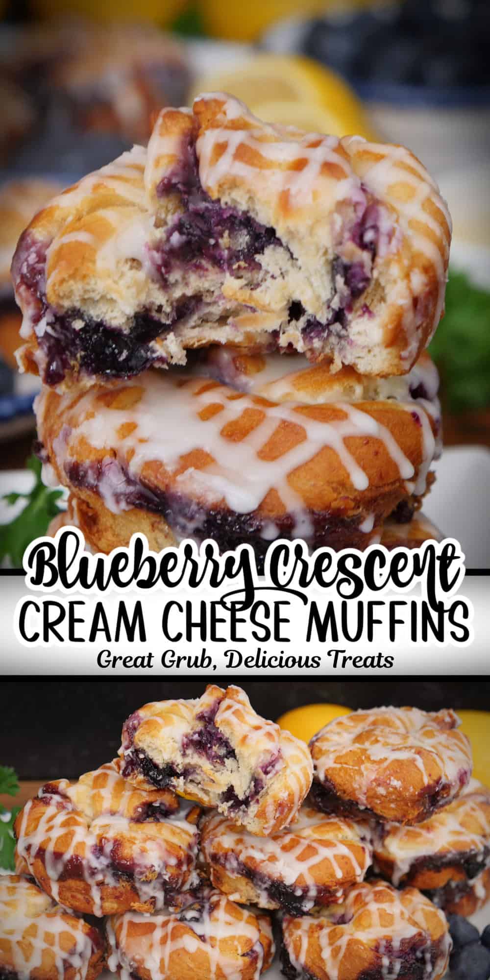 A two panel collage of blueberry cream cheese crescent muffins with a title overlay at the top.