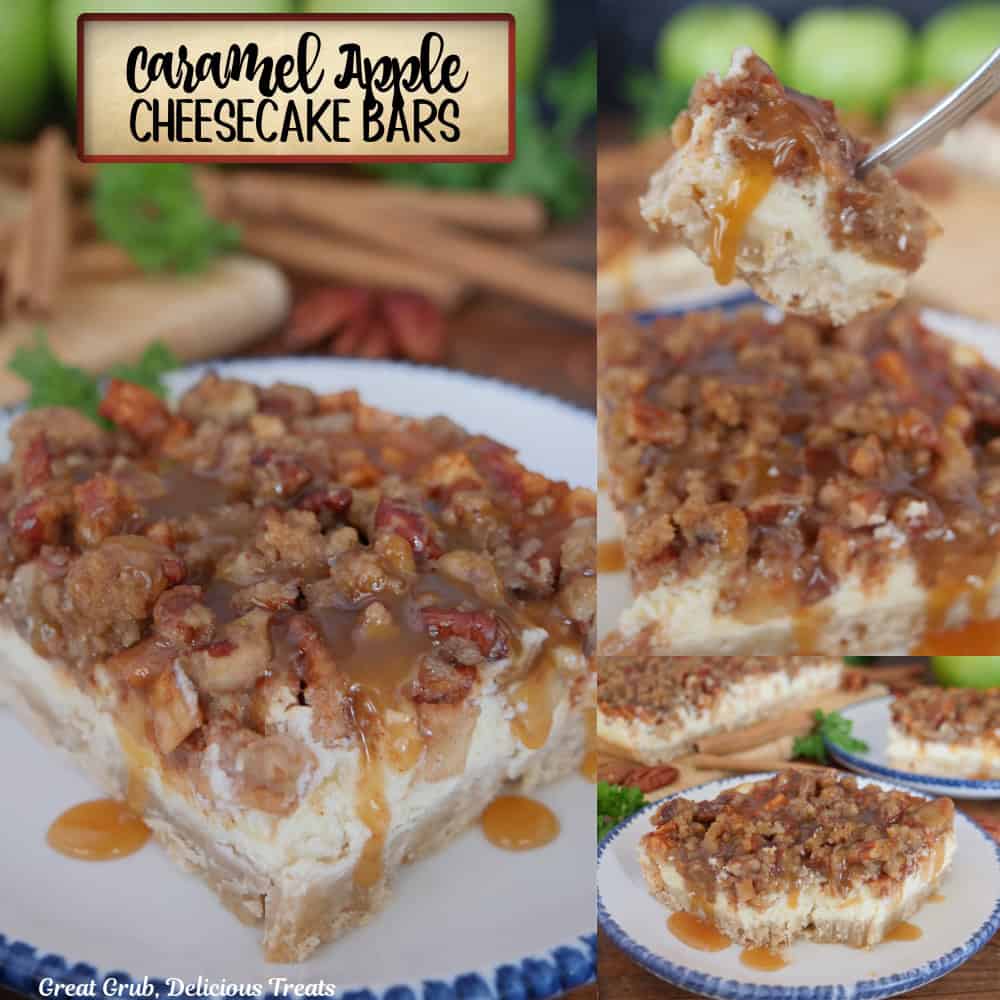 A three photo panel of caramel apple cheesecake bars with a title overlay at the top.