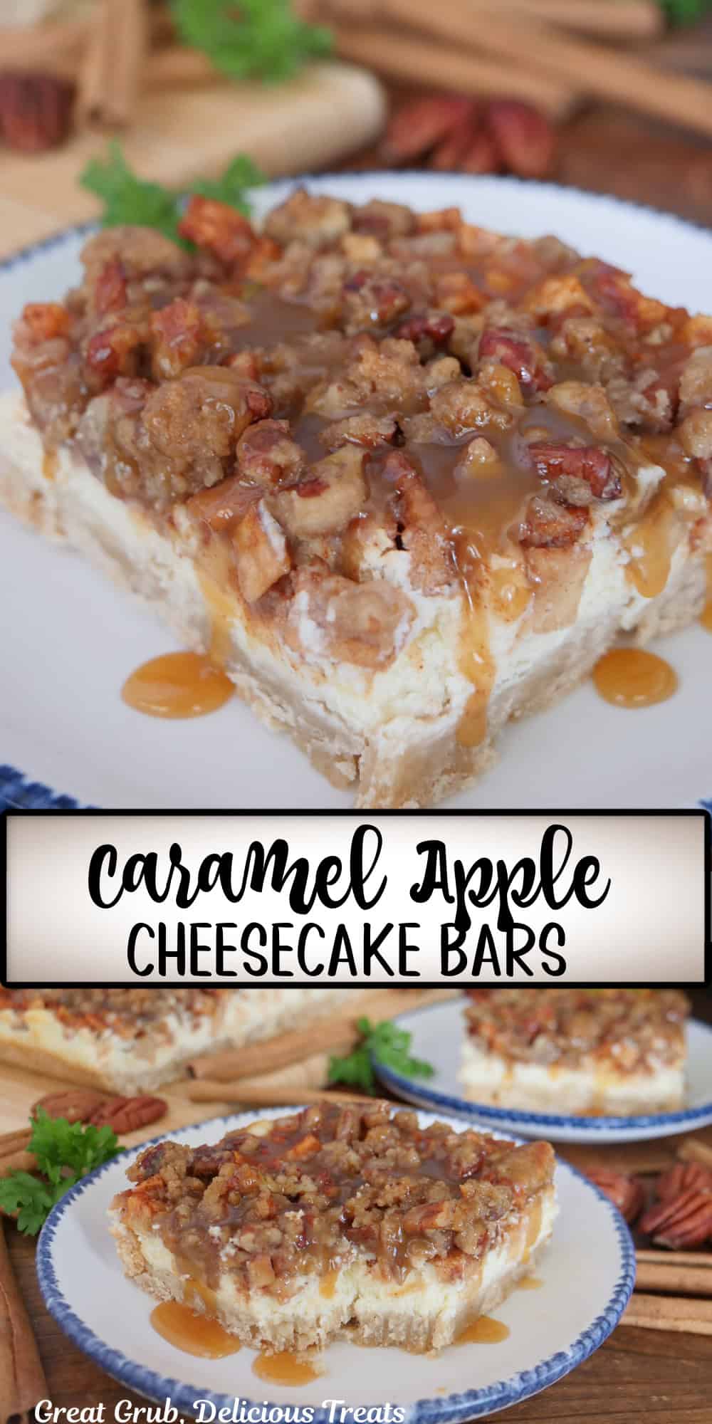 A double photo panel of caramel apple cheesecake bars with a title overlay in the center.
