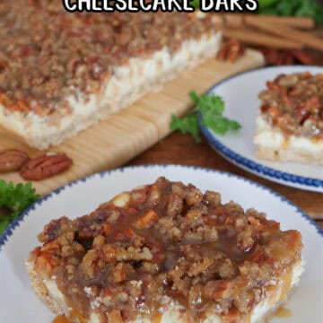 Two white plates with blue trim with a serving of caramel apple cheesecake bars on them with a title overlay at the top.