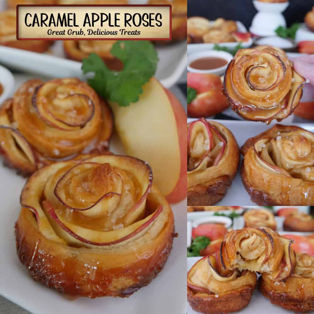 A three collage photo of crescent dough made into roses with thinly sliced apples rolled up in the dough and drizzled with caramel.