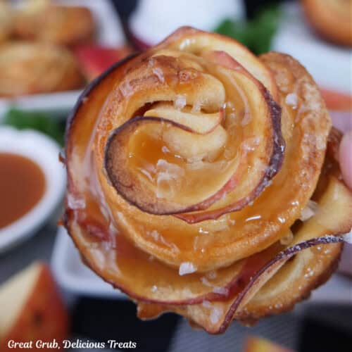 A caramel apple rose held up above other apple roses beneath it.