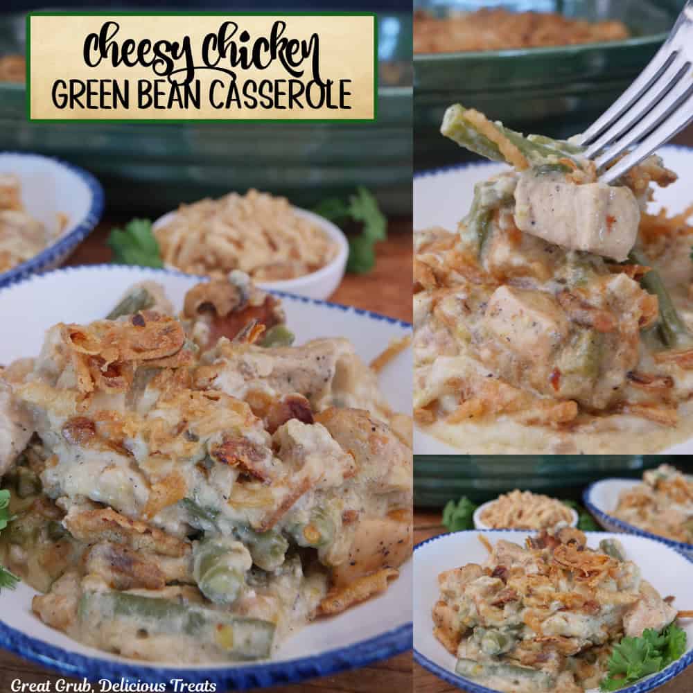 A three collage photo of chicken green bean casserole with a title overlay at the top.
