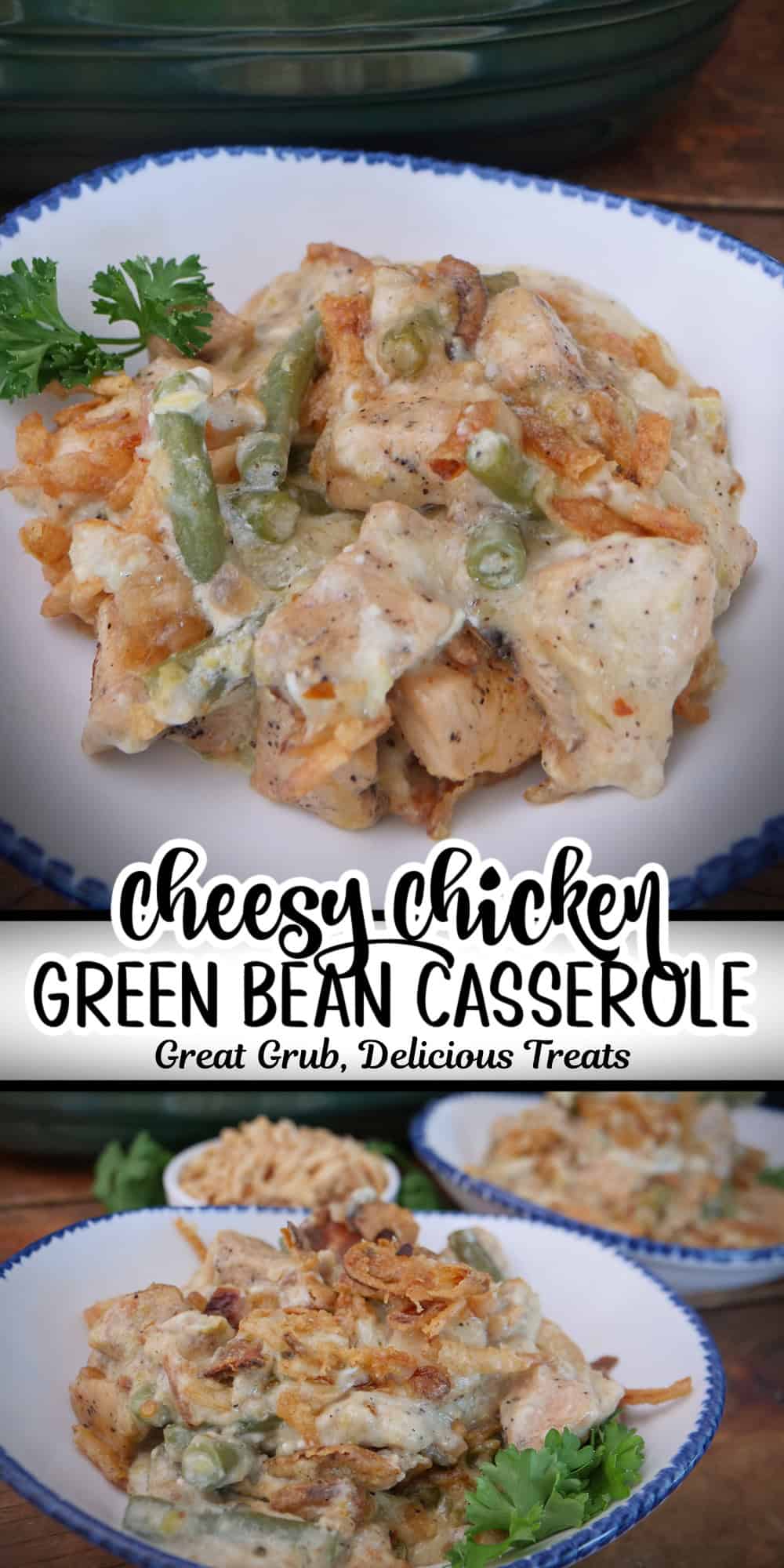 A double collage photo of cheesy chicken green bean casserole with a title overlay in the center.