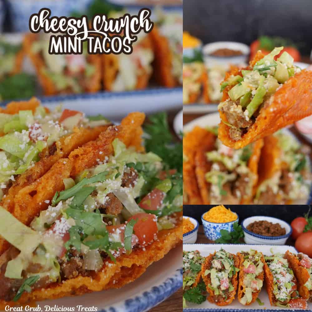 A three panel collage of cheesy crunch mini tacos with a title overlay at the top.