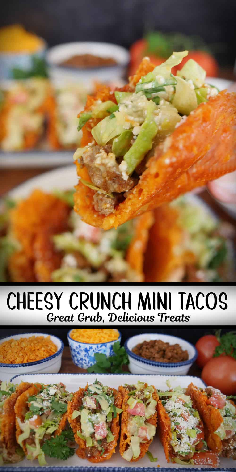 A two panel collage of crunchy mini tacos with a title overlay at the top.