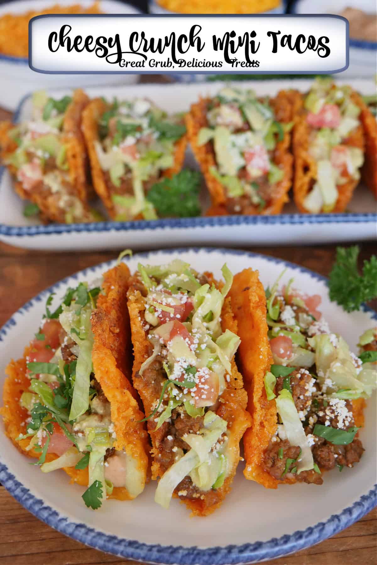 A round white plate with blue trim with three cheesy Doritos mini tacos on it with a title overlay at the top.