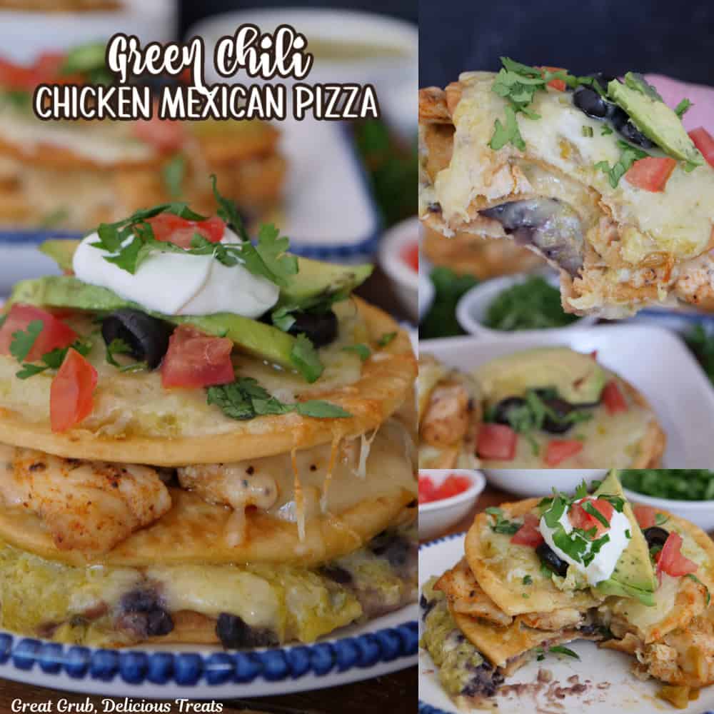 A three-panel photo collage of mini green chili chicken Mexican pizzas with a title overlay at the top.