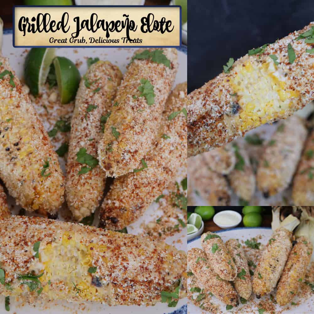 A two photo panel of grilled jalapeno elote with a title overlay in the center.