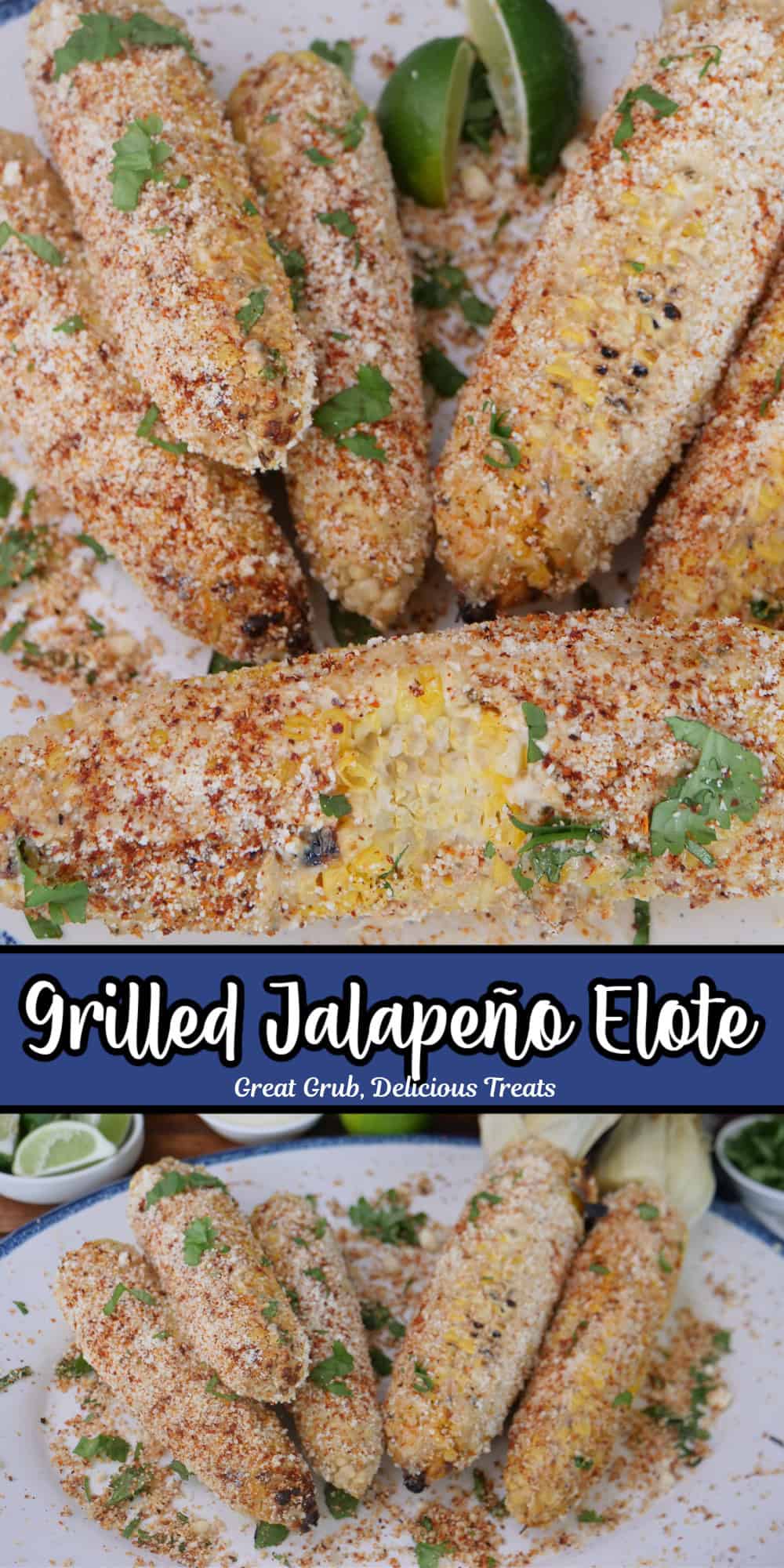 A two photo panel of grilled jalapeno elote with a title overlay in the center.