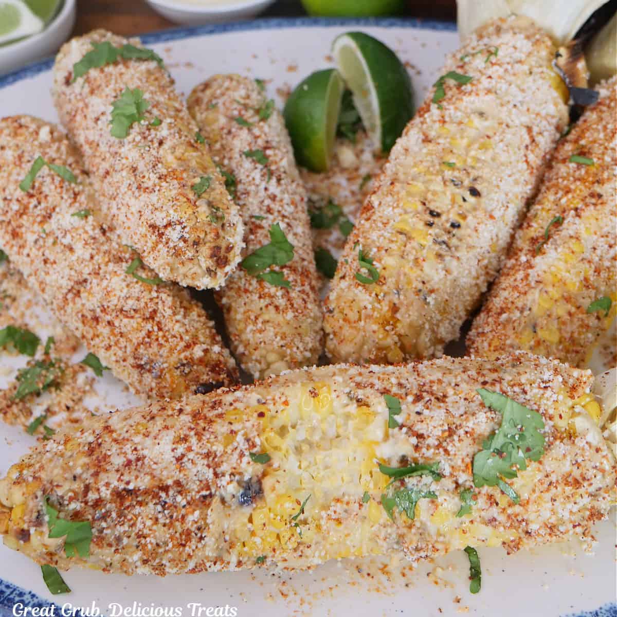 A white plate with blue trim with six grilled ears of corn with the ingredients for Mexican street corn on them.