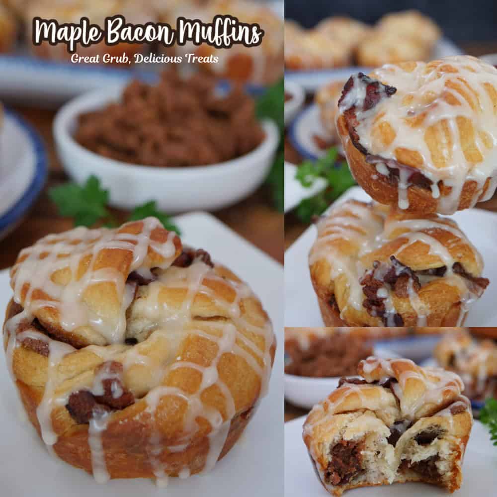 A three panel photo collage of maple bacon muffins with the title overlay at the top.