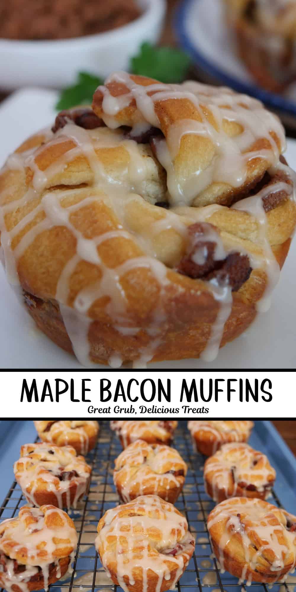A two panel photo collage of maple bacon muffins with a title overlay in the center.