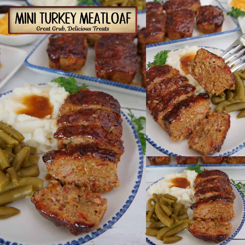 A three panel photo collage of mini turkey meatloaves with a title overlay at the top.