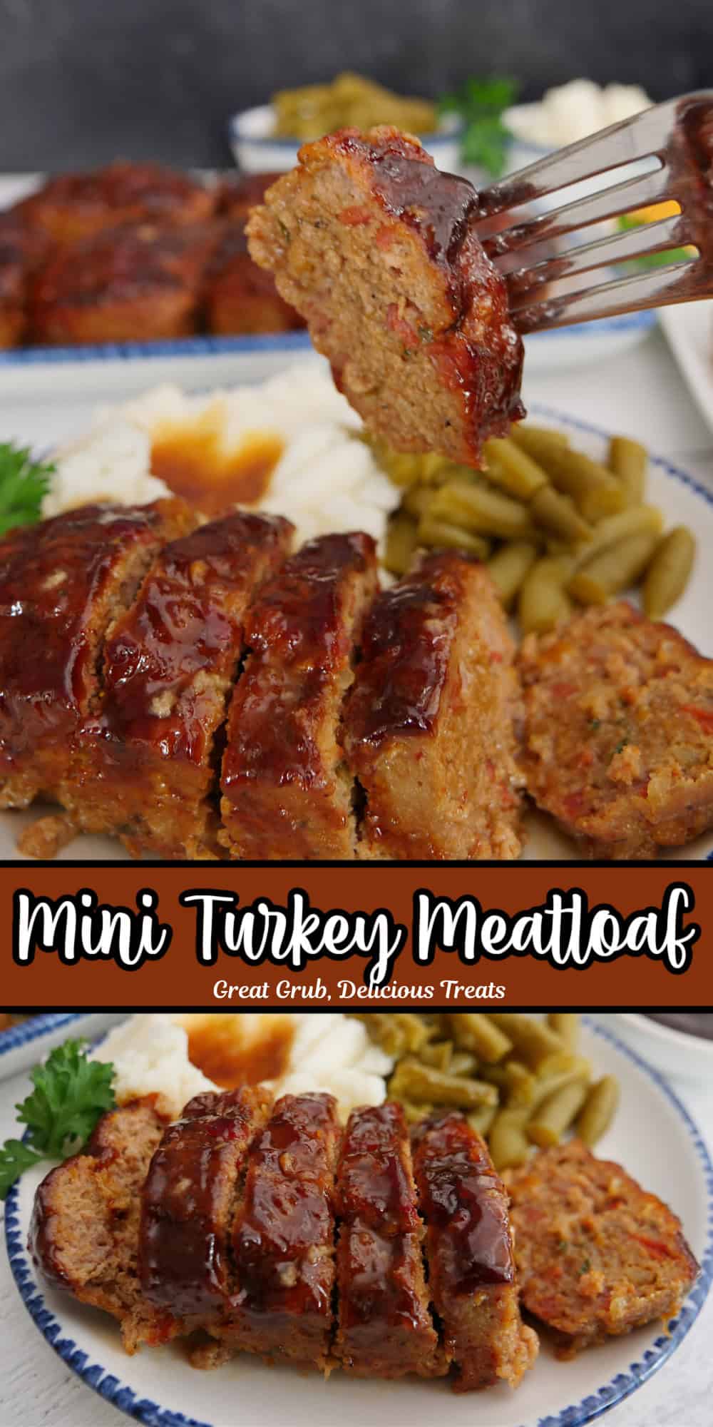 A double photo panel of a mini turkey meatloaf recipe with the title overlay at the top.