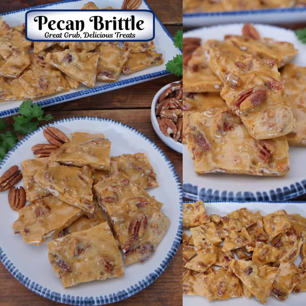 A three panel photo collage of pecan brittle with a title overlay at the top.