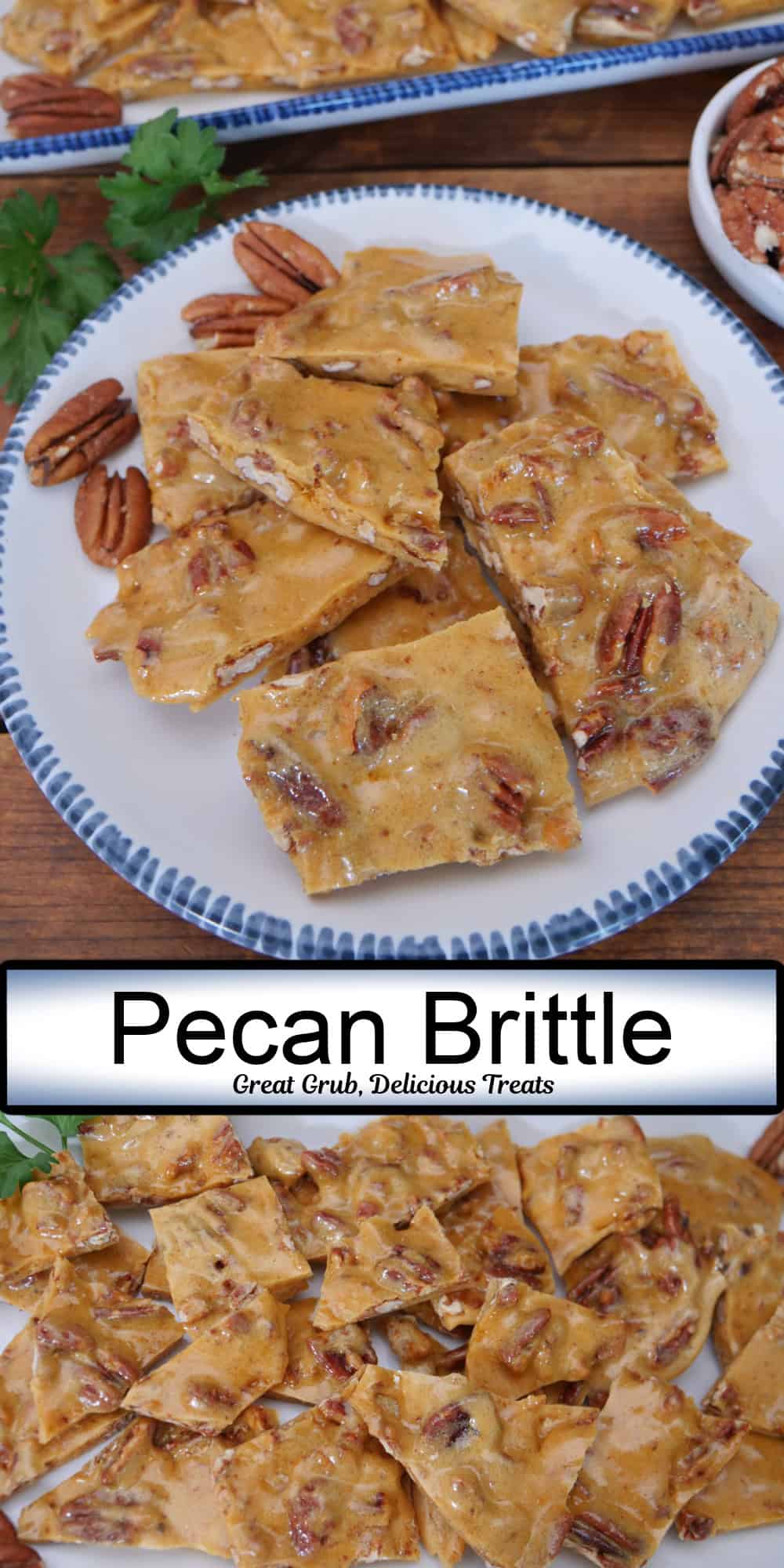 A two panel photo collage of homemade pecan brittle with a title overlay in the center.