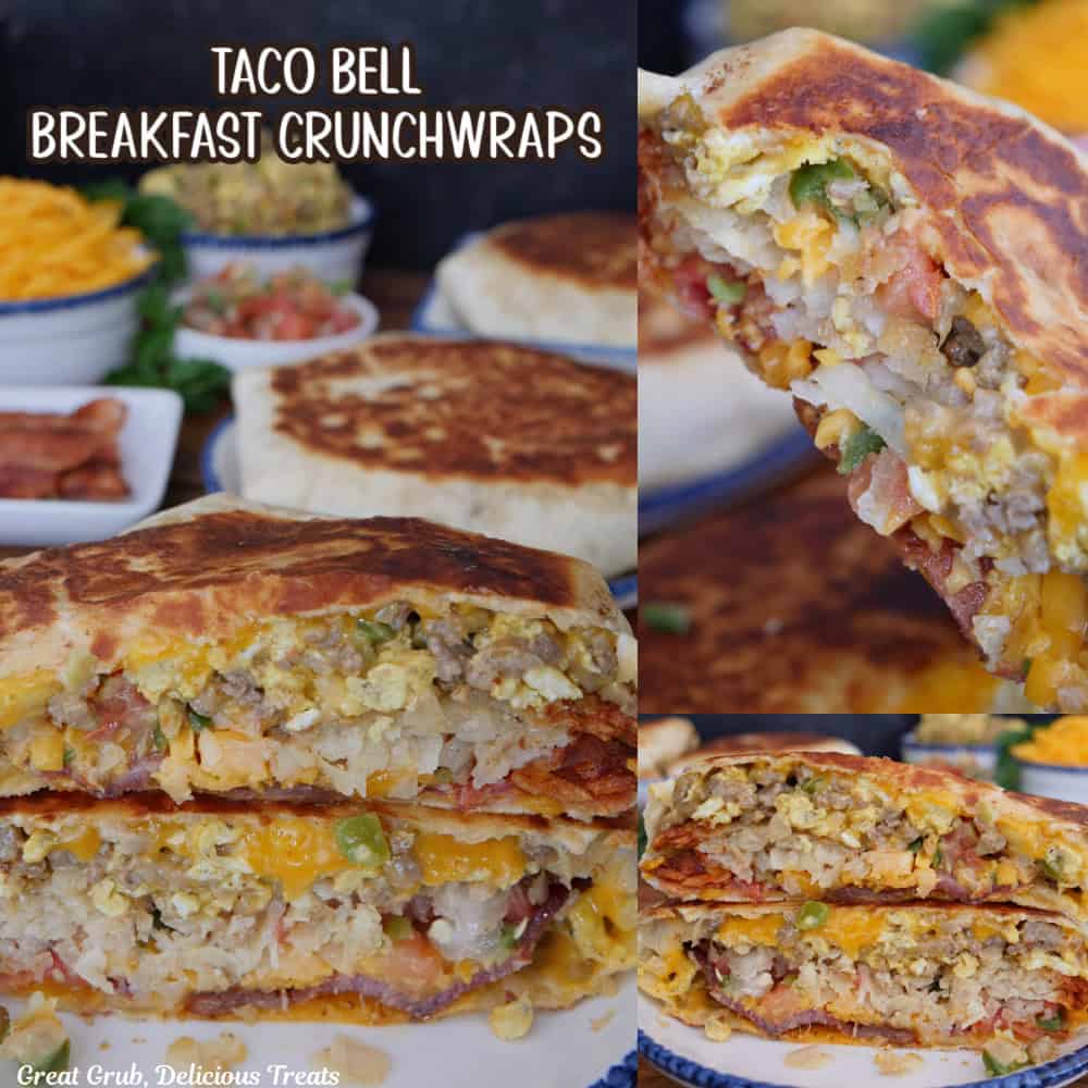 A three panel collage of Taco Bell breakfast Crunchwraps with a title overlay at the top.