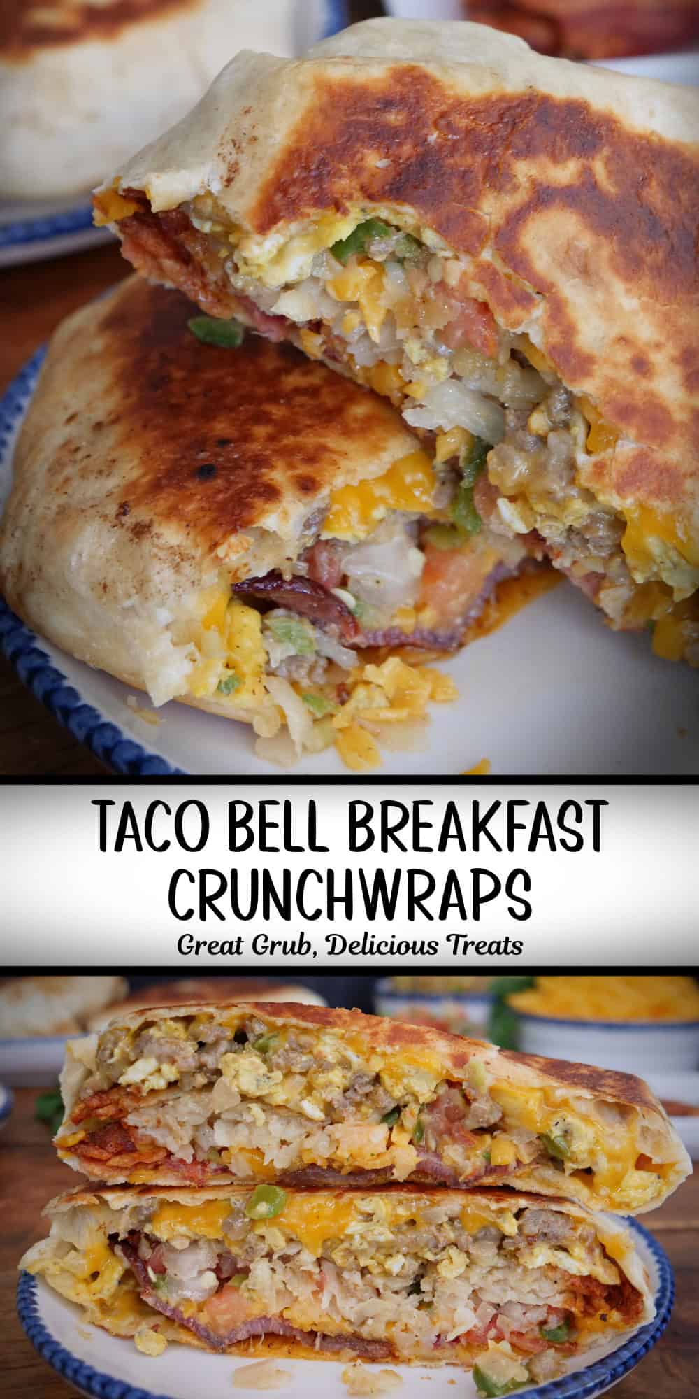 A two panel photo collage with a title overlay in the center of taco bell breakfast crunchwraps.