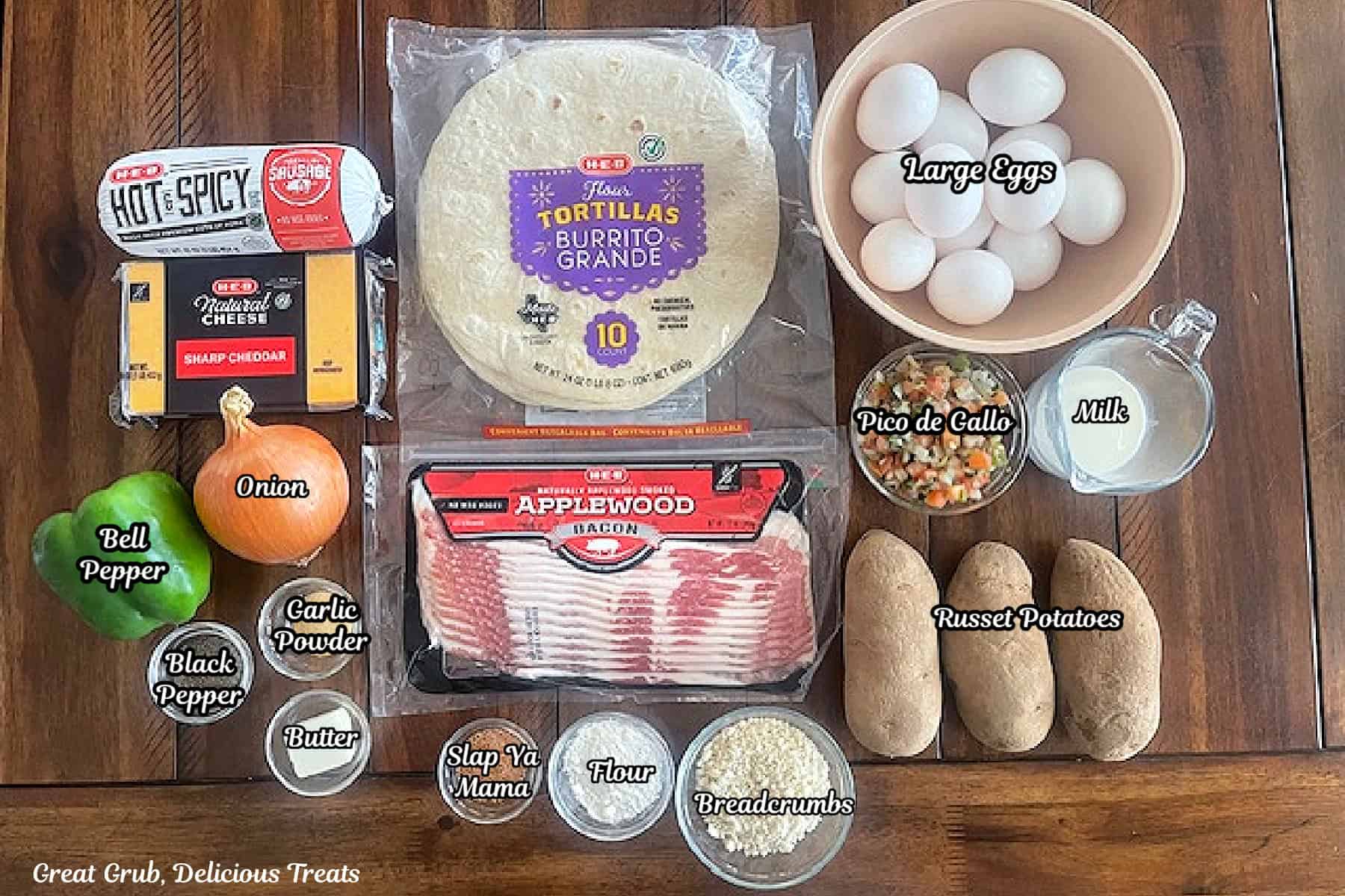 A brown wood surface with all the ingredients needed to make a copycat version of Taco Bell Breakfast Crunchwraps placed on it.