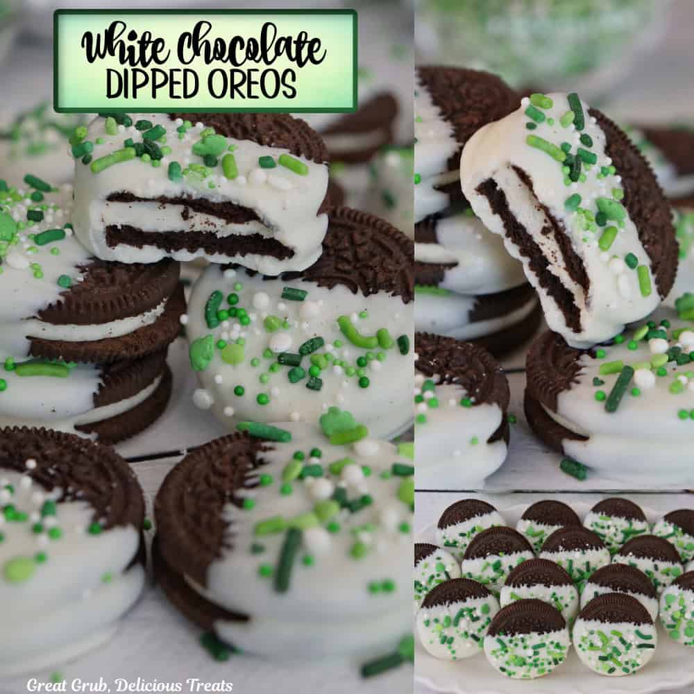 A three panel photo collage of white chocolate dipped Oreos with festive St Patrick's Day sprinkles on them.