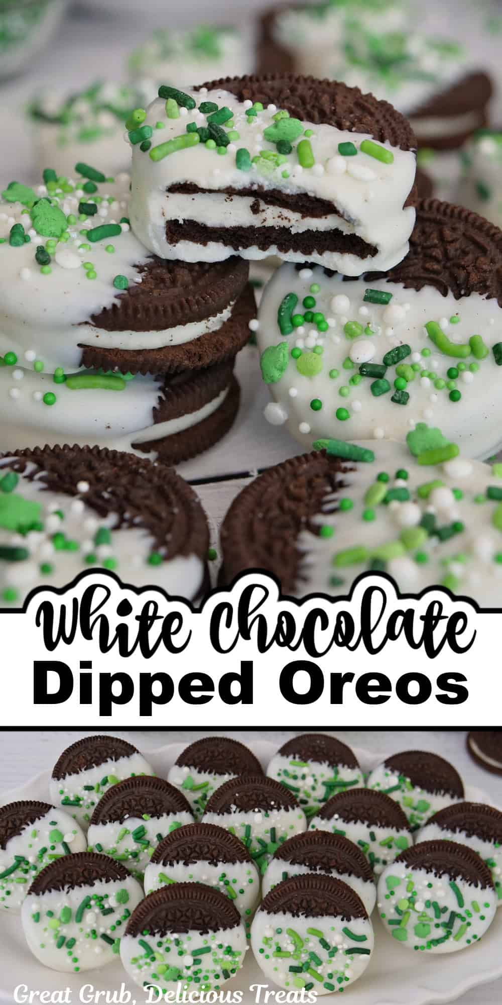 A double panel photo collage of white chocolate dipped Oreos with St Patrick's Day sprinkles on them.