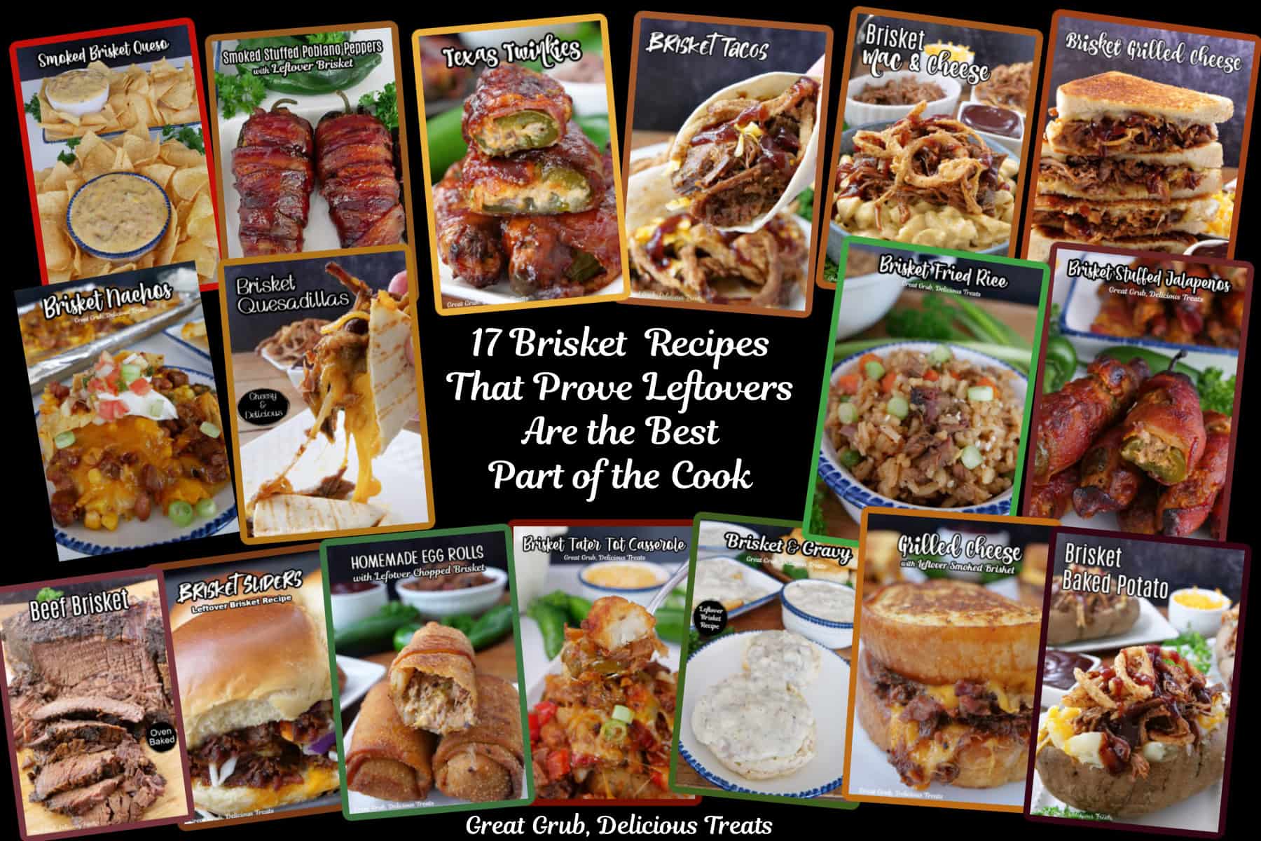 A collage photo of 17 different brisket recipes with a title overlay in the center.