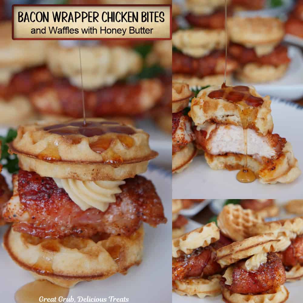 A three panel photo collage oh mini bacon wrapped chicken and waffles with honey butter, and a title overlay at the top.