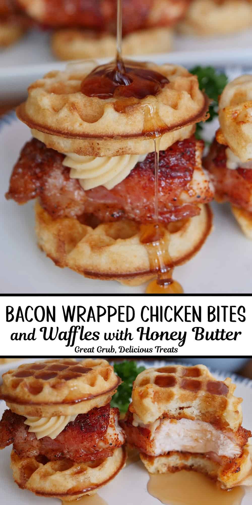 A two panel photo collage of bacon wrapped mini chicken and waffles with a title overlay in the center.
