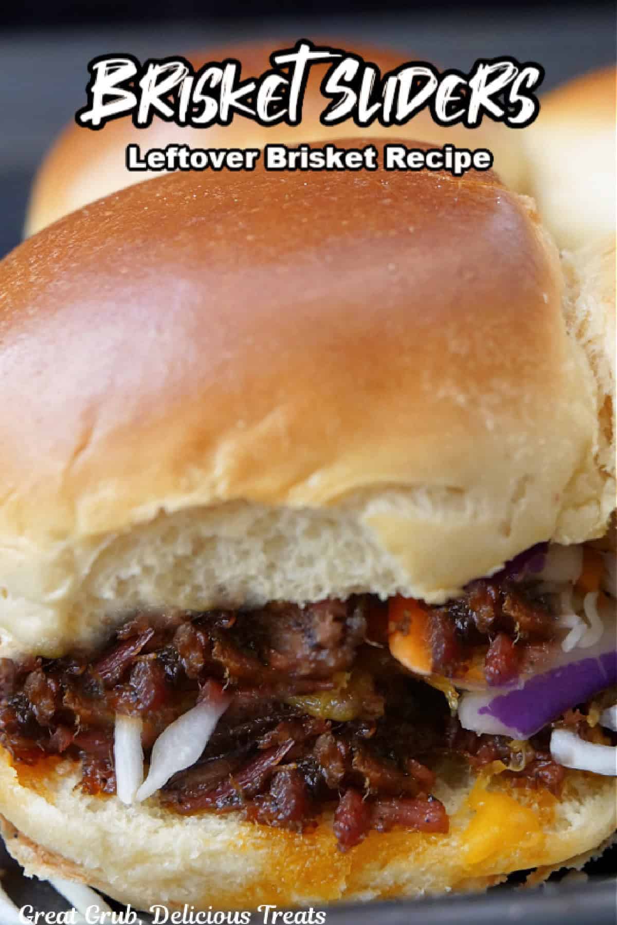 A close up of a leftover chopped beef brisket slider with a title overlay at the top.