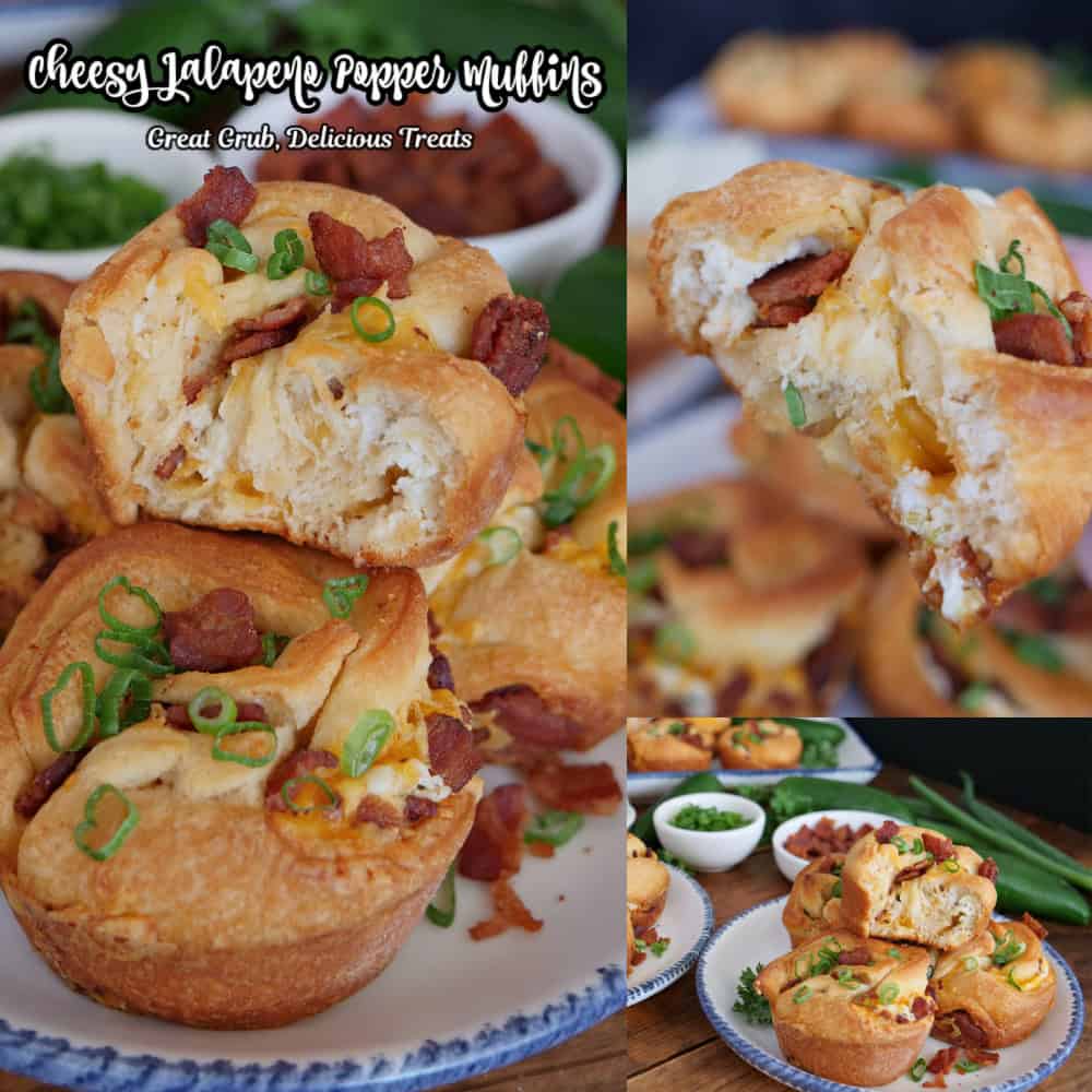 A three panel collage of cheesy jalapeno popper muffins with a title overlay at the top.