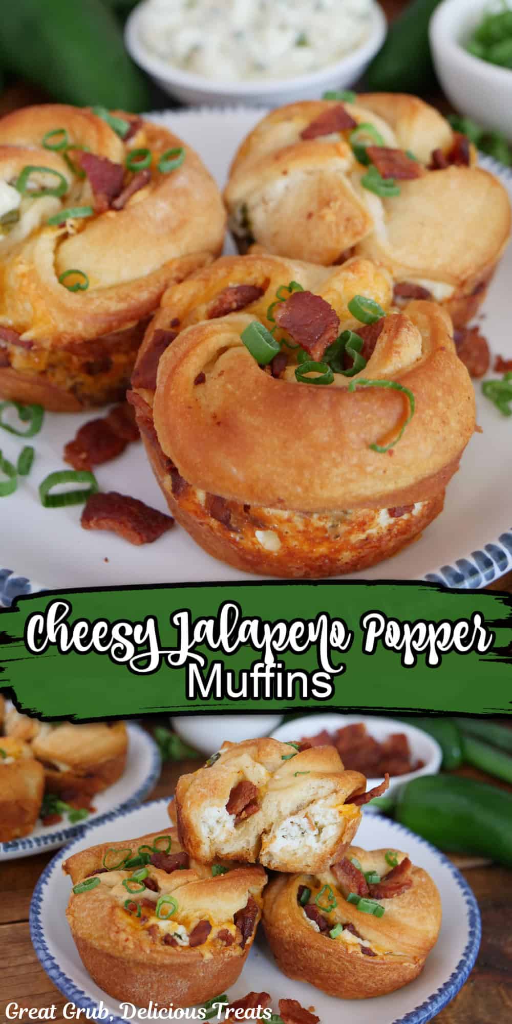 A two-panel collage of cheesy jalapeno popper muffins with a title overlay in the center.