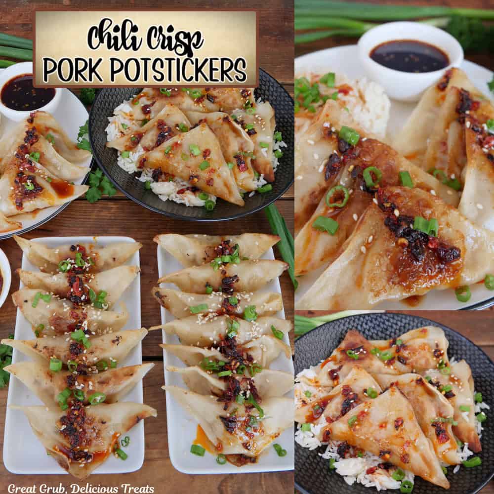 A three panel photo collage of pork potstickers with a chili crisp topping, and a title overlay at the top.