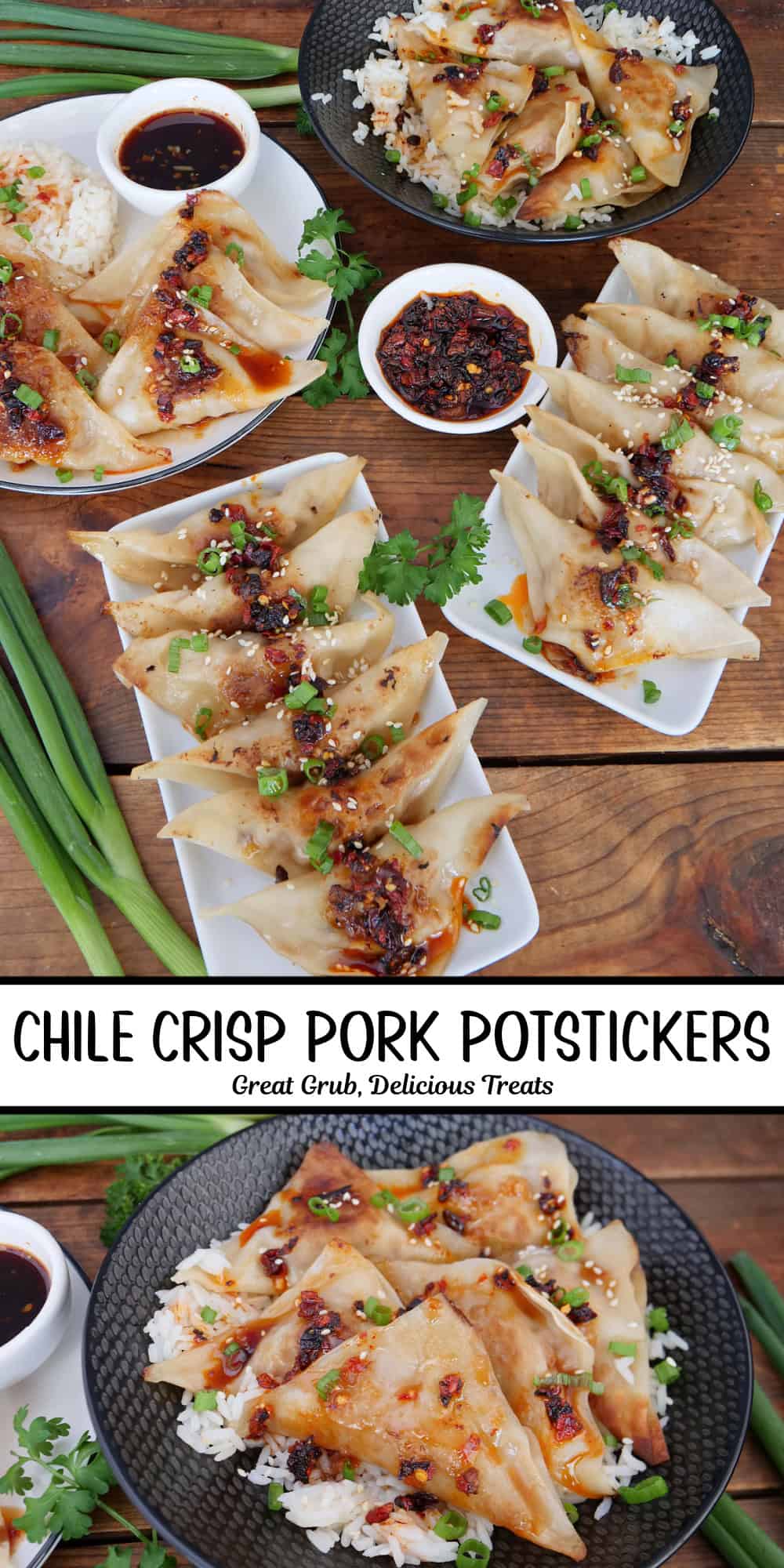 A two-panel photo collage of chili crisp pork potstickers with a title overlay in the center.