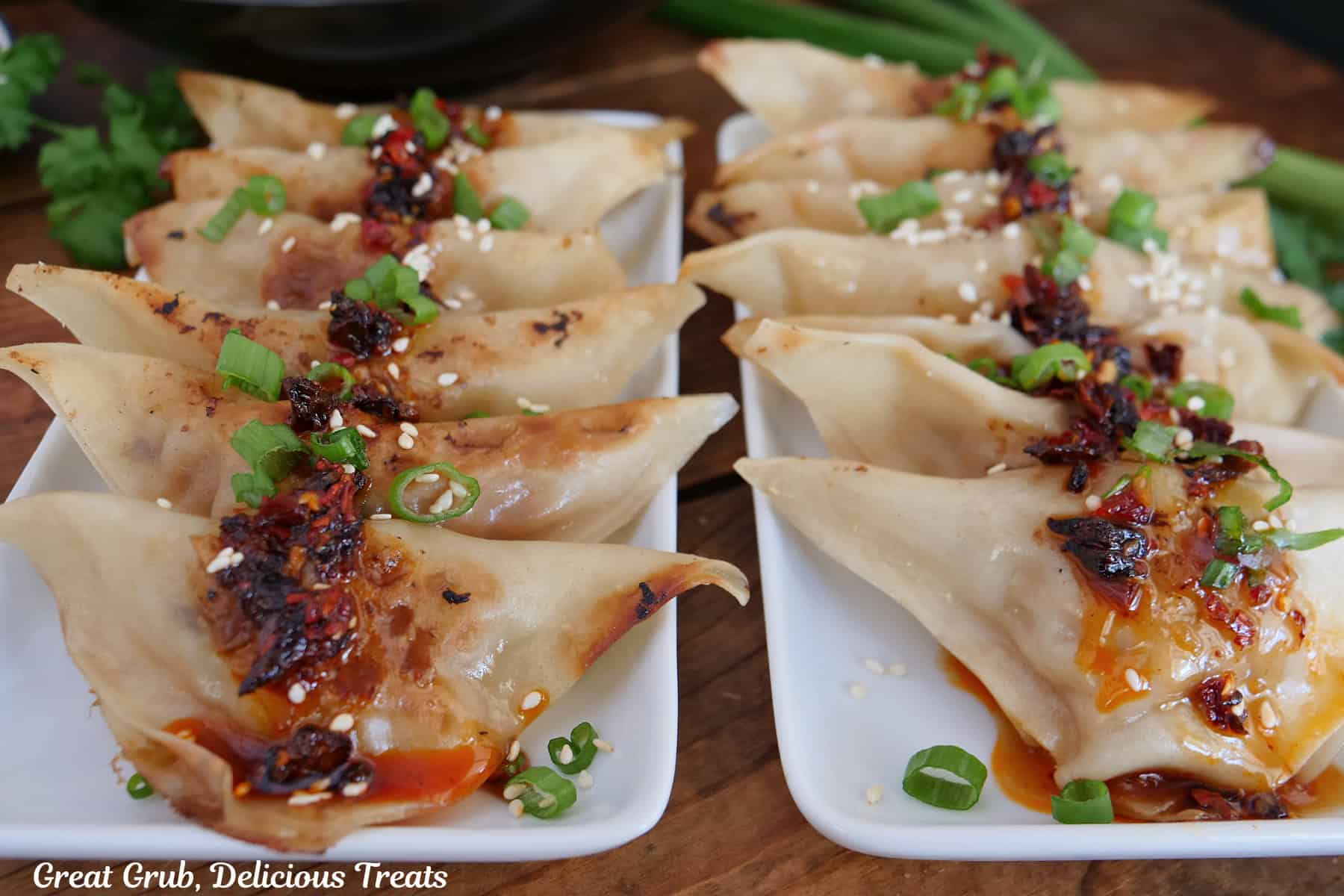 A wood surface with two oblong white plate with chili crisp pork potstickers on them.