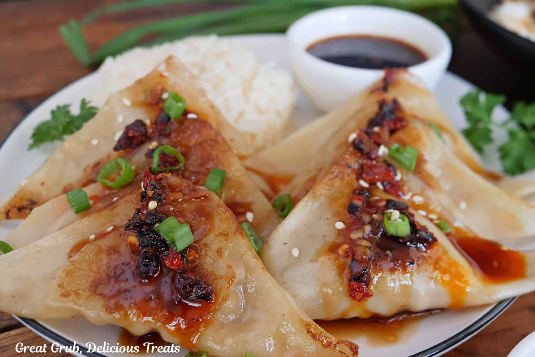 A round white plate with blue trim with six pork potstickers on it with a small bowl of dipping sauce.
