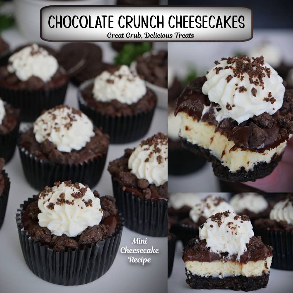 A three panel photo collage of mini chocolate crunch cheesecakes with a title overlay at the top.