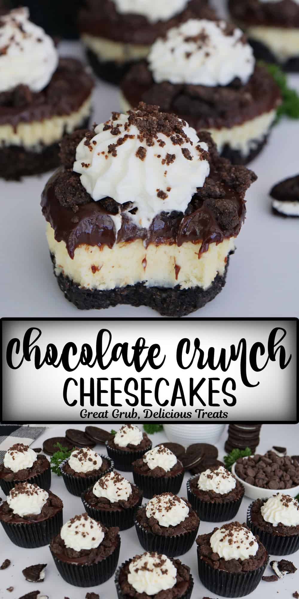 A tow panel photo collage of mini chocolate crunch cheesecakes, with a vignette title overlay in the center.