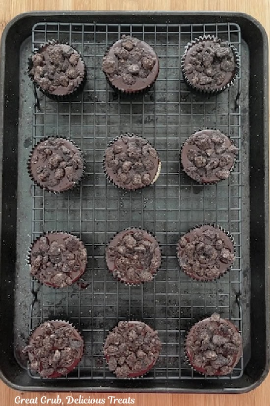 A muffin tin with chocolate ganache and chocolate crunch on each mini cheesecakes.